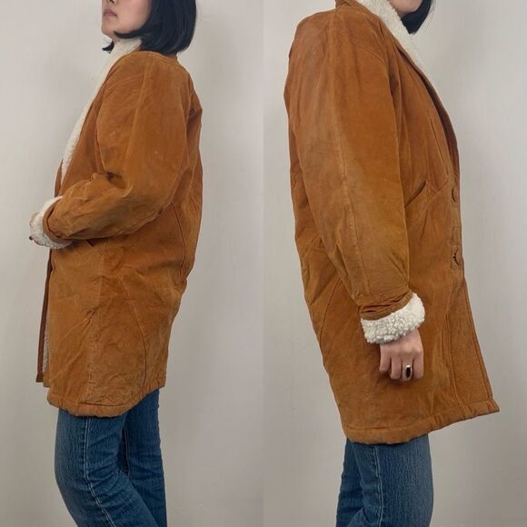 Vintage Suede Brown Genuine Leather Sherpa Coat - Picture 3 of 8